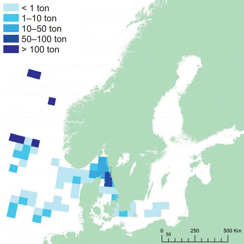 Karta över fångstområden för makrill längs svenska kusten