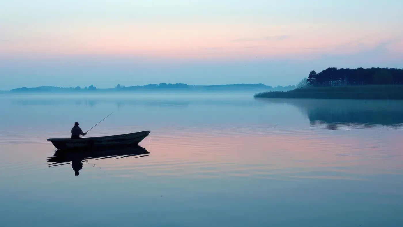 Fiskebåt på en lugn sjö i gryningen